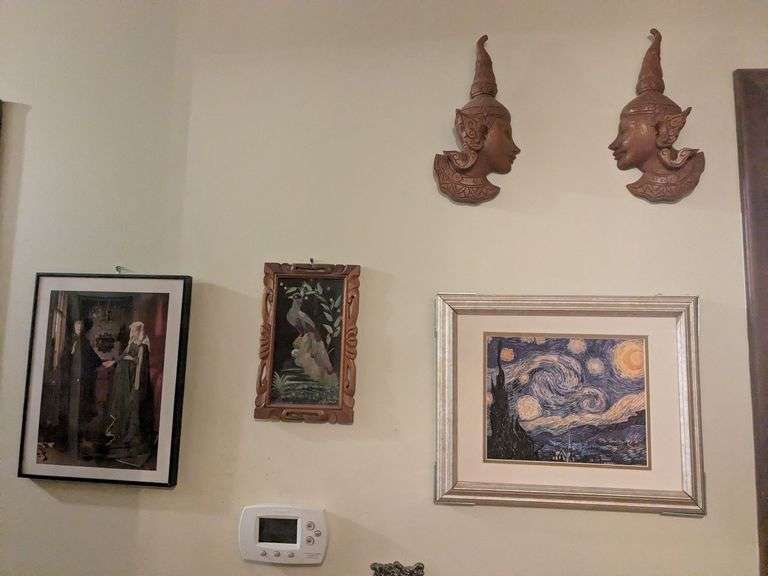 Hallway Art: Starry Night, 2 Vintage Thai wooden hand carved masks, 3 Alphonse Mucha prints, Mexican feathercraft bird, small vintage mirror and misc. image