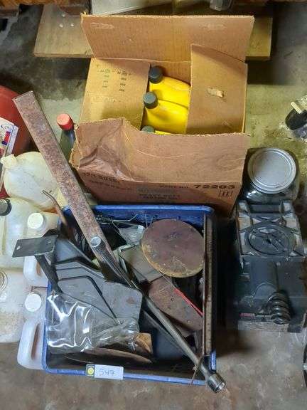 Air compressor midwest products, box of penzoil 5w30, antifreeze, misc metal scrap