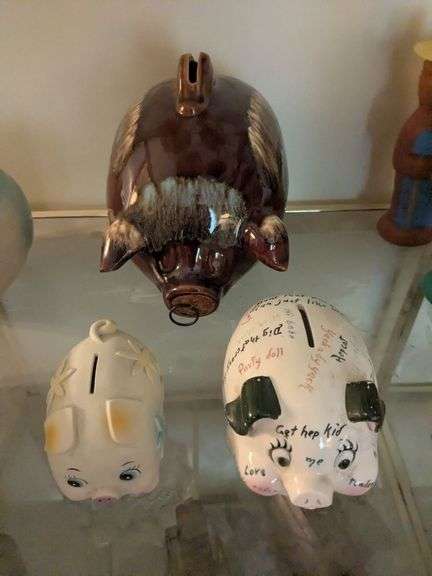 Vintage Hull pottery corky piggy bank, 2 misc piggy banks image