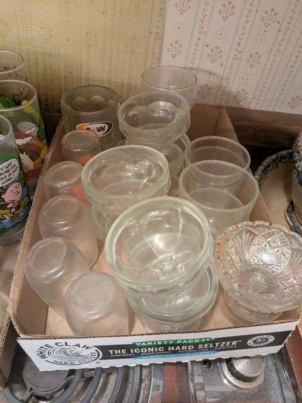 6 glass sundae dishes, juice cups, A & W mug, Coca Cola glass and misc. image