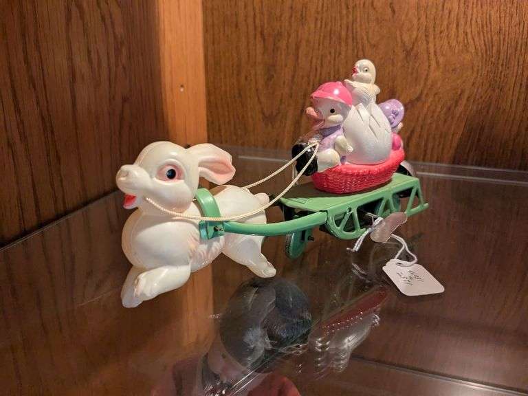 Celluloid windup w/ rabbit, 3 chicks, egg and basket w/ bell image