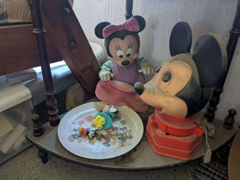 1968 Mickey gumball machine, 2 Mickey figurines, Mickey plate, baby Minnie Mouse doll image