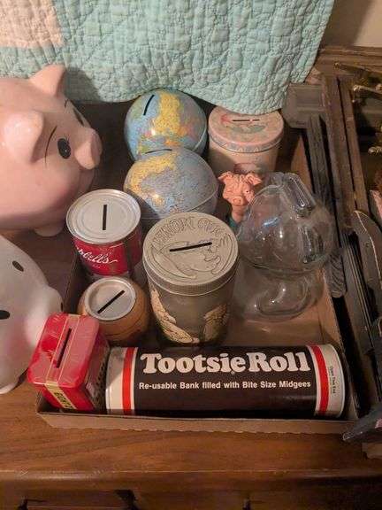 Vintage Campbells, Tootsie roll, 8 O'clock coffee, 2 globes, bear coin banks and piggy figurine image