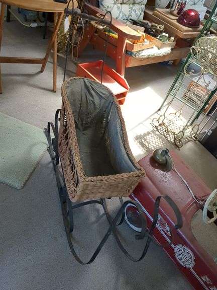 Vintage wrought iron wicker sleigh w/ wood handle