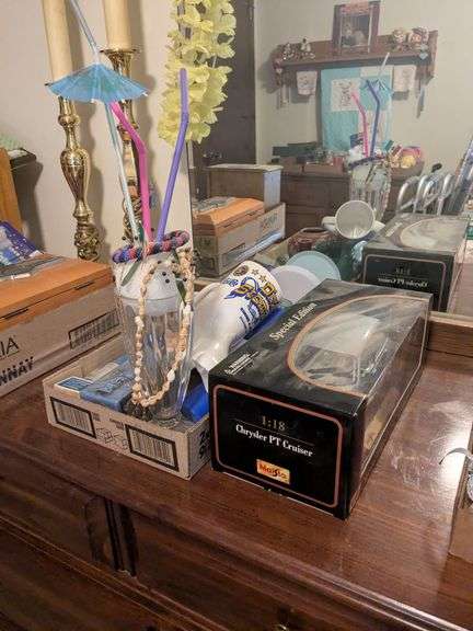 Maisto Chrysler PT Cruiser model car (1/18th), cards, ornament, vintage flashlight and misc. image