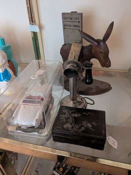 Toy candlestick phone w/ ringer, 1957 Corvette replica, oriental box w/ lid and inlay design, tin donkey figurine image