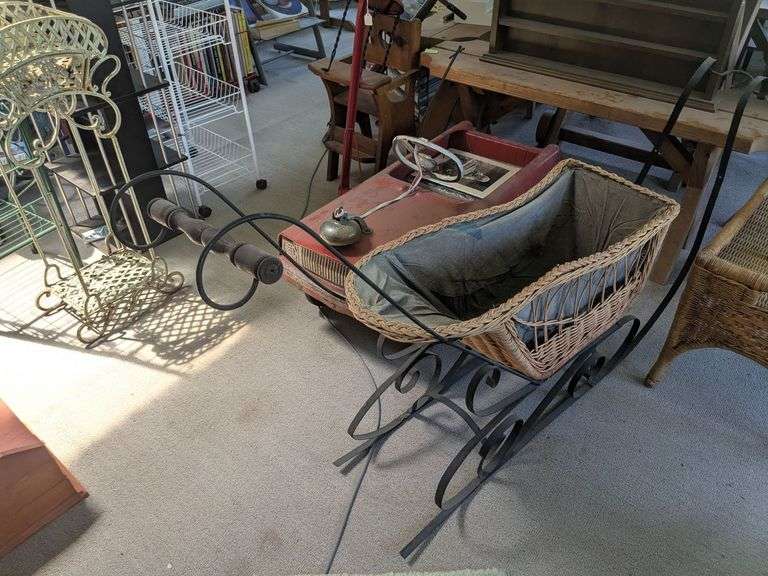 Vintage wrought iron wicker sleigh w/ wood handle image