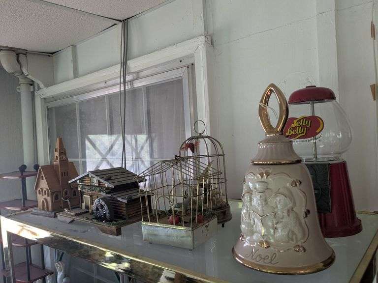 Music boxes: church, cottage, 2 birds in cage, bell image
