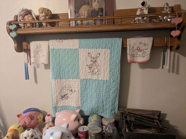 Vintage quilt, embroidered napkins and candles image