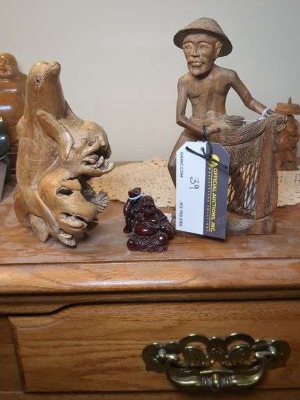 Wood dolphin driftwood carving, buddha, teakwood fisherman w/ net image