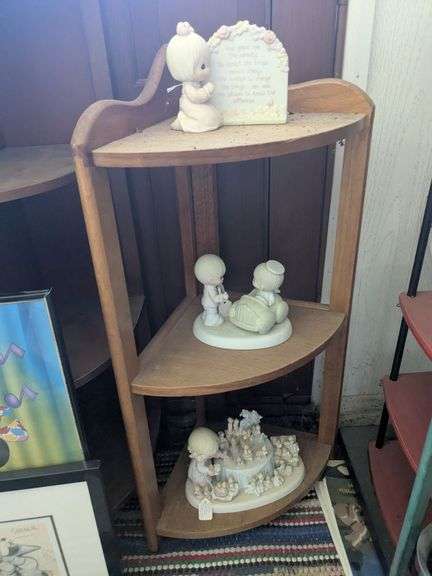 3 Precious Moments figurines and shelf (28" x 15" x 10") image