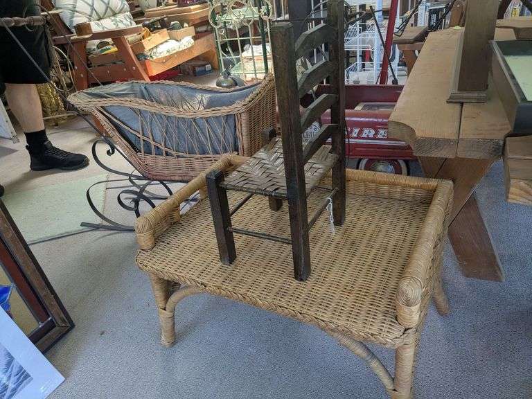 16" Wooden doll chair and wicker table (15" x 21" x 14") image