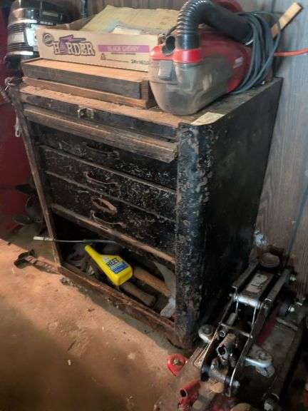Shop cabinet (32" x 26" x 17") and contants: shop vac, hammers, screws and misc. image