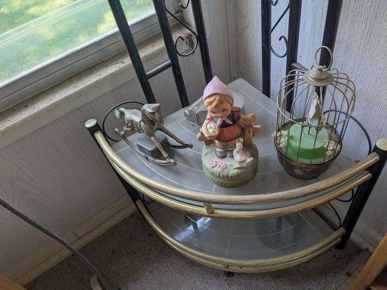 4 music boxes - rocking horse, grand piano, bird in cage, and figurine music boxes image