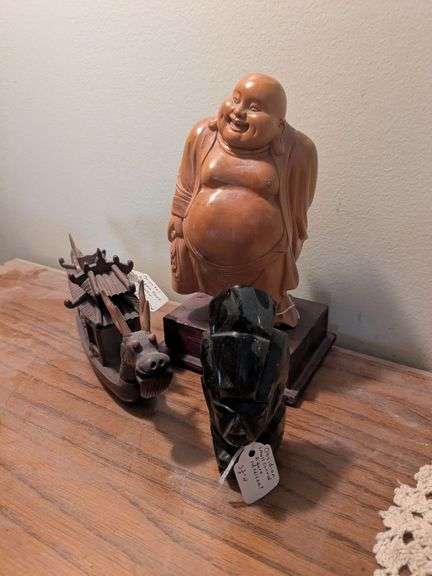 Wooden buddha carving, wooden oriental dragon boat, obsidian figurine
