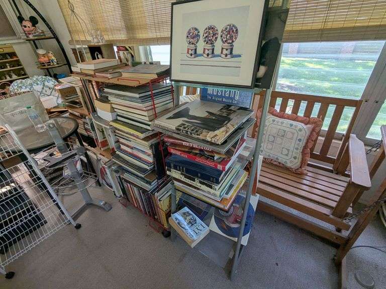Books and magazines with red metal shelf (41" x 27" x 10") image