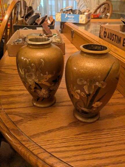 1960s H.S.K set of two flowered vases - enameled and engraved image