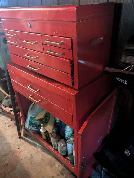 Red tool cabinet(43" x 26" x 12") and contents: wrenches, sockets and misc. image