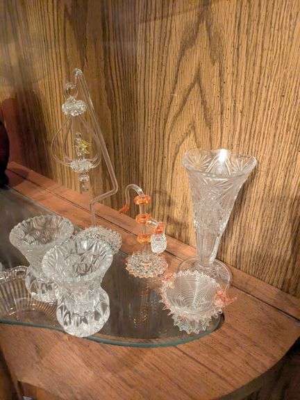 Vase, 2 crystal candle holders, 3 pieces of decorative glass image