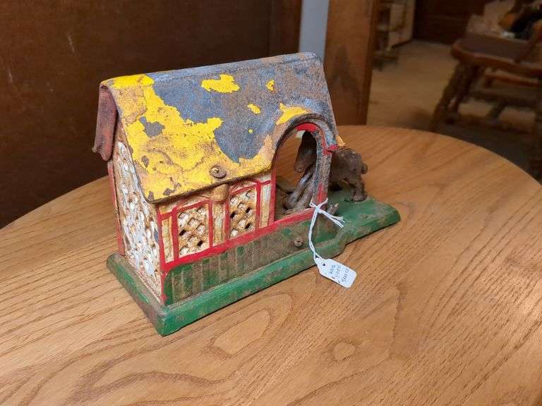 J&E Stevens Cast Iron Mechanical Bank 1880s - Mule entering Barn