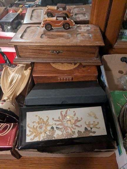 3 jewelry boxes, leather wallets and multi tool with matching knife image