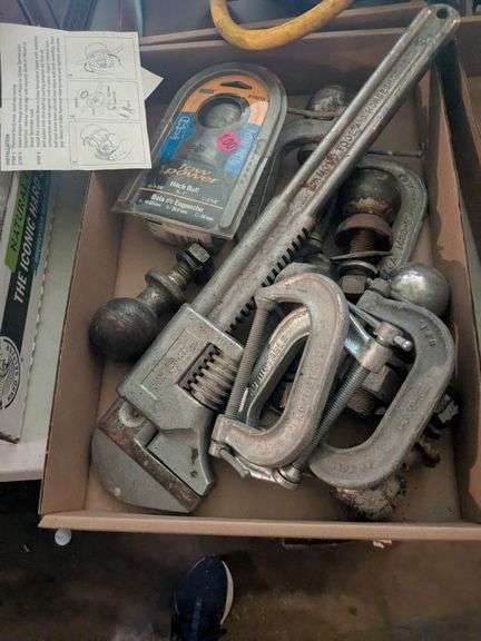7 tow hitch balls, 5 adjustable c clamps, 18 inch wrench image