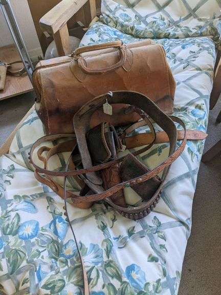 Leather belt w/ holster, 3 small leather belt, 2 wallets, leather belt with bullets, doctor's bag image
