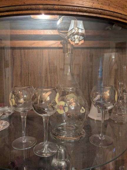 Glass floral decanter w/ 3 matching glasses image