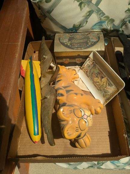Whitmans chocolate tin, Garfield, Alphonse Mucha tray, metal eagle, toypedo image