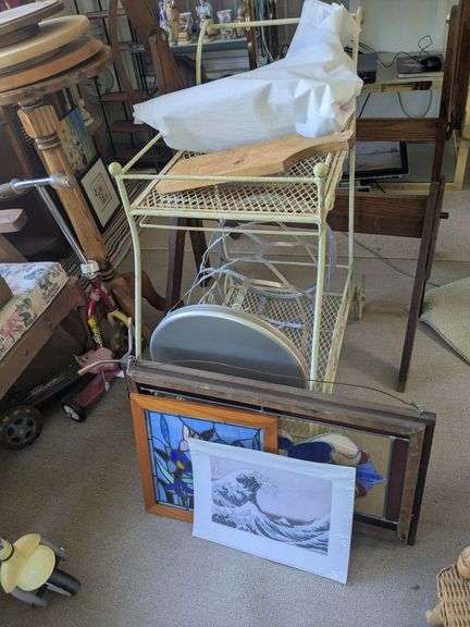 White metal cart, wooden cutting board, and metal table, 3 wall art/stained glass image