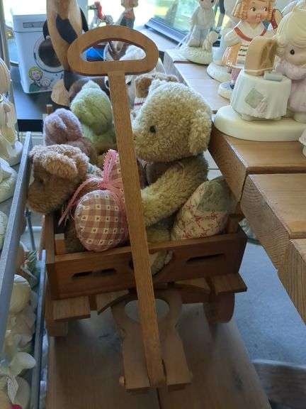 Wooden doll wagon w/ bears and display stand