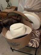 Davis hat in box, mink shawl and 2 other cowboy hats