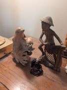 Wood dolphin driftwood carving, buddha, teakwood fisherman w/ net