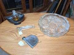 Glass Mickey mouse mug, Victrian cigar cutter and tray, Paulina Picasso perfume, Silver tray with 2 birds and misc.