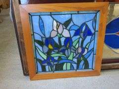 White metal cart, wooden cutting board, and metal table, 3 wall art/stained glass