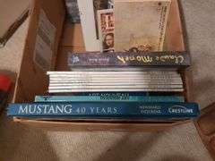 Magazine holder, magazines, books and 2 thermoses