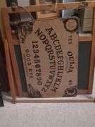 Vintage childs chalkboard, Ouija board, portfolio with prints and chinese checker board