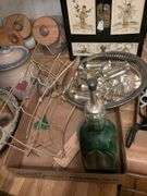 12 Sterling silverKiddish cups and Silver plated tray, oil bottle, candle holders and misc.