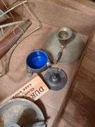12 Sterling silverKiddish cups and Silver plated tray, oil bottle, candle holders and misc.