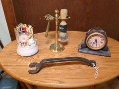 Vintage razor shaving set, howard miller desk clock, Alphonse mucha tray, 1958 snoopy mug and misc