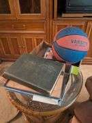1951 Webster dictionary, state maps, basketball, glass top table (22" x 20"), and misc.