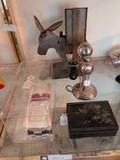 Toy candlestick phone w/ ringer, 1957 Corvette replica, oriental box w/ lid and inlay design, tin donkey figurine