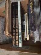 Magazine holder, magazines, books and 2 thermoses