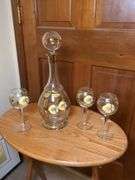 Glass floral decanter w/ 3 matching glasses
