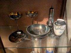 Silver plated items: bowl, 2 goblets, small dish with fork, sugar shaker