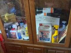 Cabinet and contents: car parts, car fluids, misc. 70"x41x12