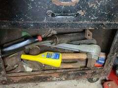 Shop cabinet (32" x 26" x 17") and contants: shop vac, hammers, screws and misc.