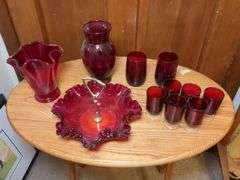 11 pieces of red glass: 2 vases, candy dish, and cups