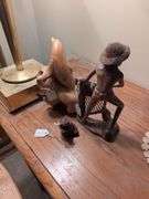 Wood dolphin driftwood carving, buddha, teakwood fisherman w/ net