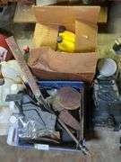 Air compressor midwest products, box of penzoil 5w30, antifreeze, misc metal scrap